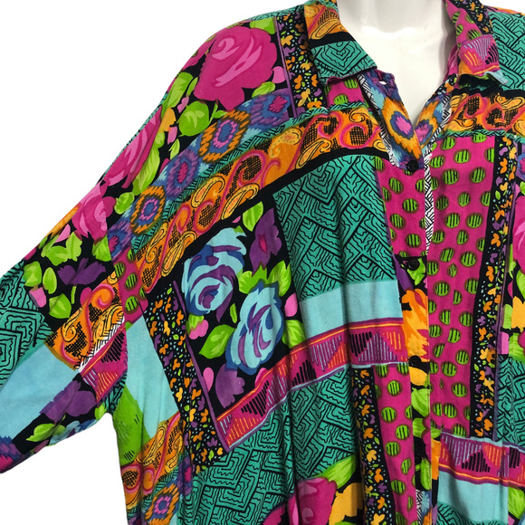 Vintage 90s Artsy Tunic Top Bold Colorful Geometric Button Front Blouse Large - Picture 8 of 9
